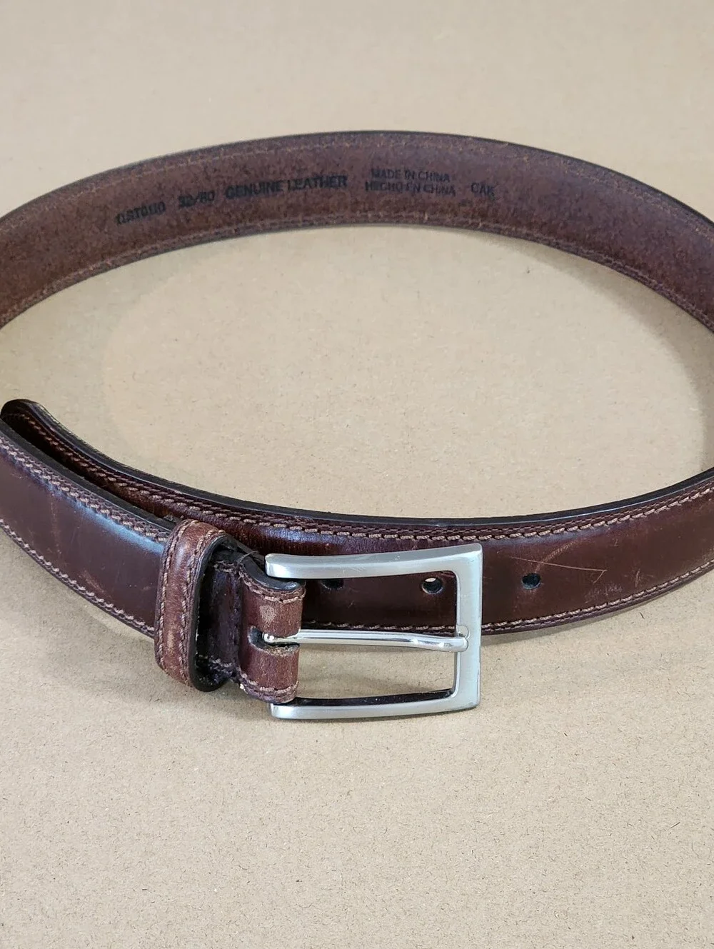 Vintage Brown Leather Belt Distressed Patina Silver Buckle Size 32 Width=1.25